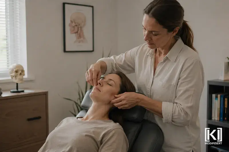 CMD Eine Person in Blau erhält von einer anderen im Therapiezentrum Reform eine vorsichtige Nackendehnung.